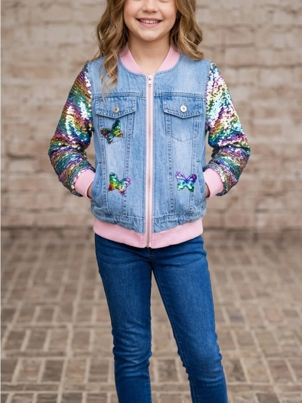 Take 50% OFF- Sequin-Sleeve Denim Bomber Jacket with Butterfly Accents, Sz-3XL